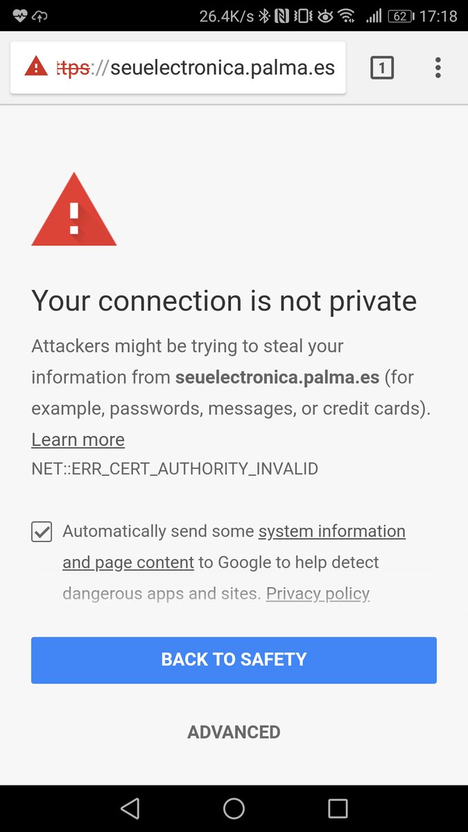 Missatge d'error al Chrome en Android 7